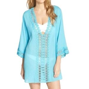 La Blanca Blue Crochet Trim Swim Cover Up Tunic Top 100% Cotton Size XL